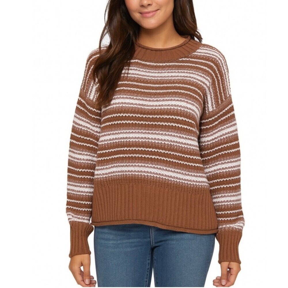 Hippie Rose sweater Juniors knit Striped Print Long Sleeve Crew Neck Brown MD